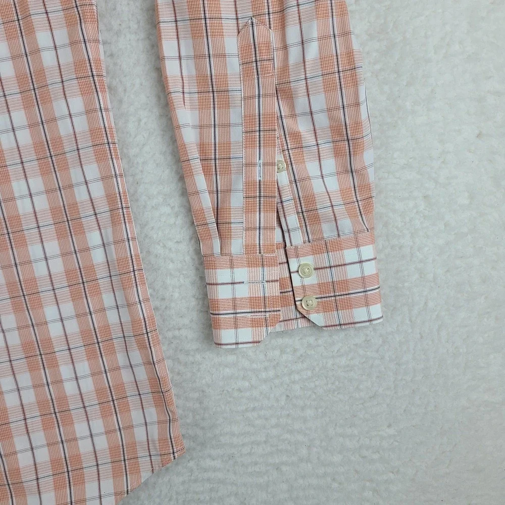Banana Republic Dress Shirt Mens Large Salmon Plaid Non Iron Slim‎ Fit Button Up